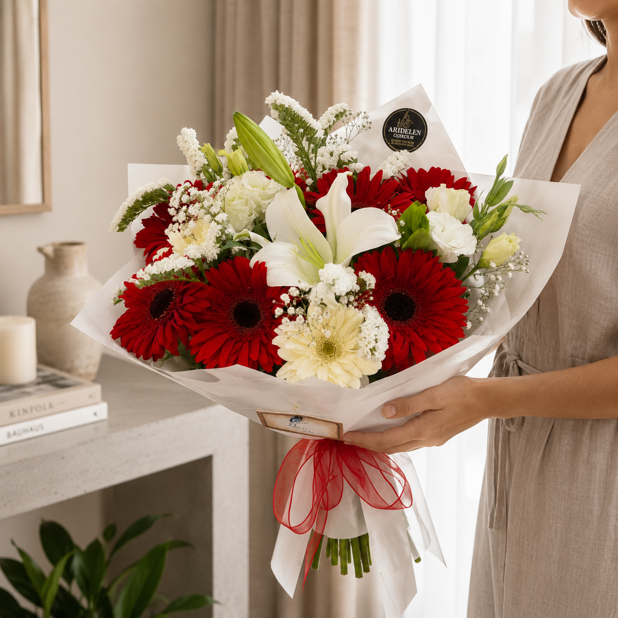 Lilyum-ve-kirmizi- gerbely-Lisyantus- Buketi